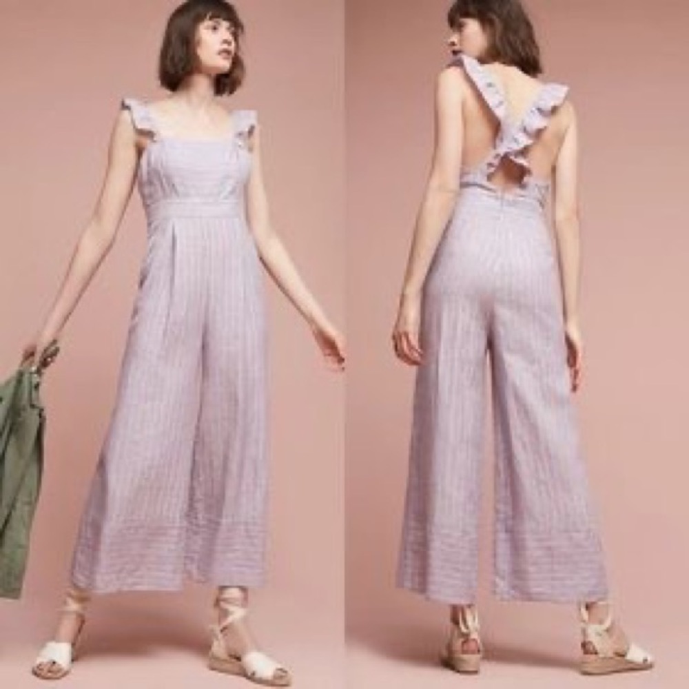 Anthropologie Elevenses Nantucket gray pink striped linen ruffle jumpsuit size 4